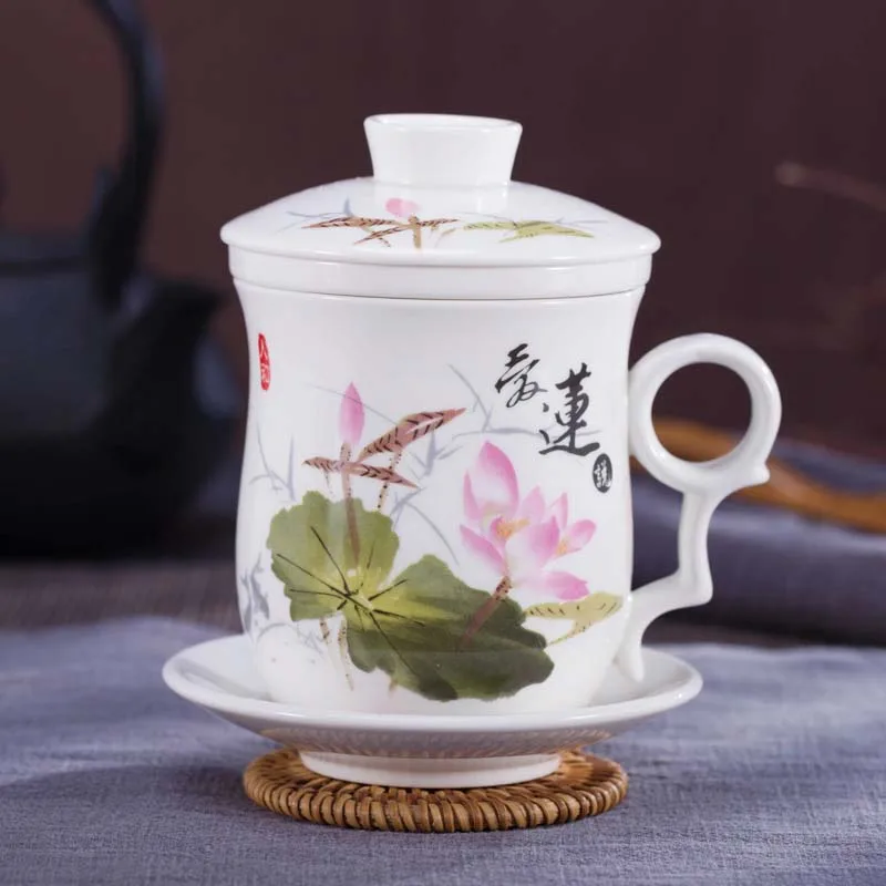 Chinese Tea-Mug with Strainer Infuser and Lid and Saucer Ceramic Tea Mug Convenient System Chinese Porcelain Personal Tea Cup 11