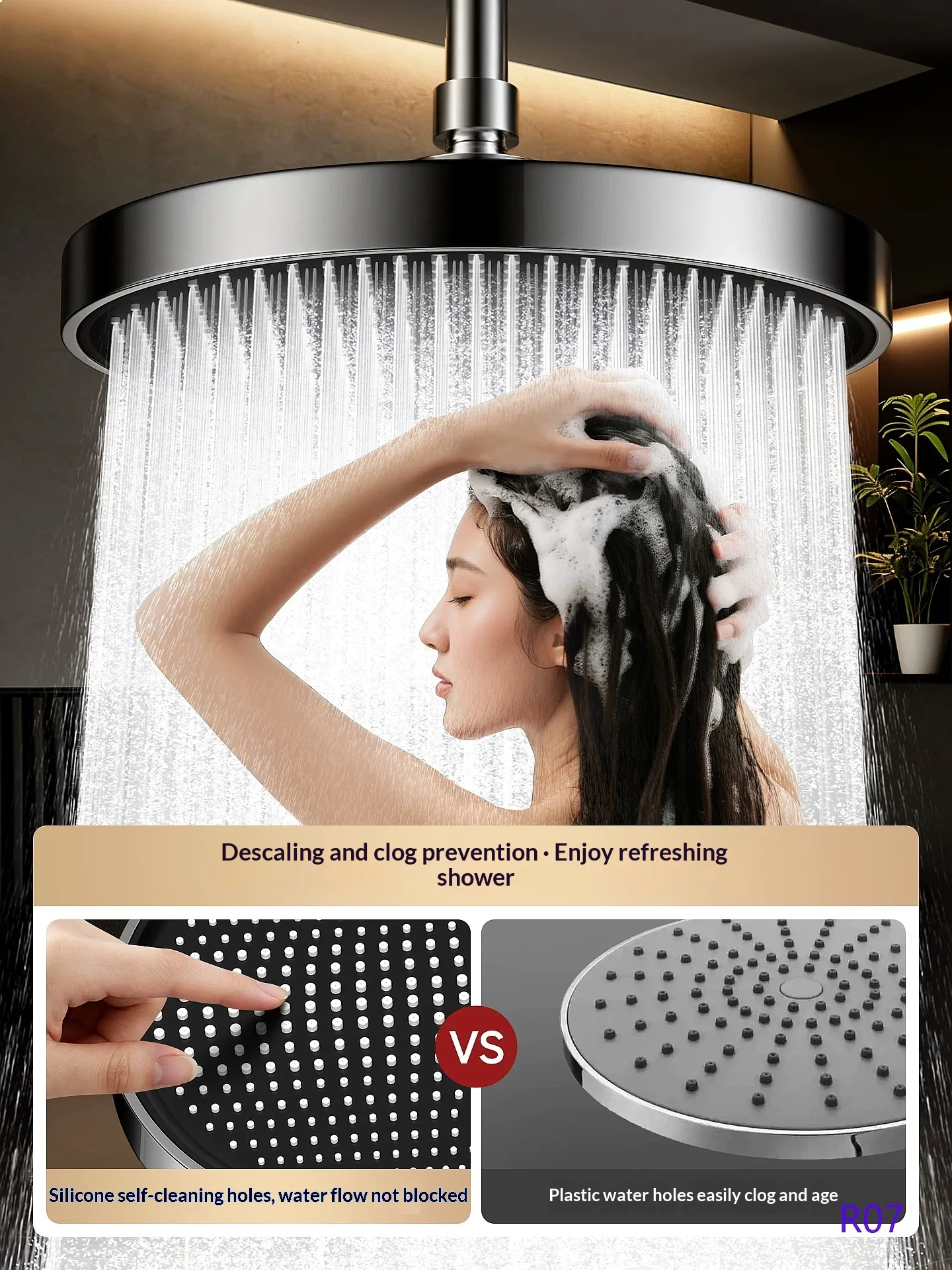 Oversized‑Panel High‑Pressure Ceiling‑Mount Rain Shower Head, Waterfall Spray Nozzle for Bathroom