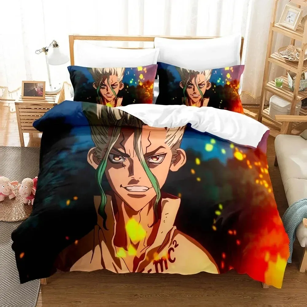 Set tempat tidur Anime Dr.Stone Senku baru dicetak 3D anak laki-laki Perempuan ukuran Ratu kembar penutup sarung bantal tempat tidur anak-anak dewasa tekstil rumah