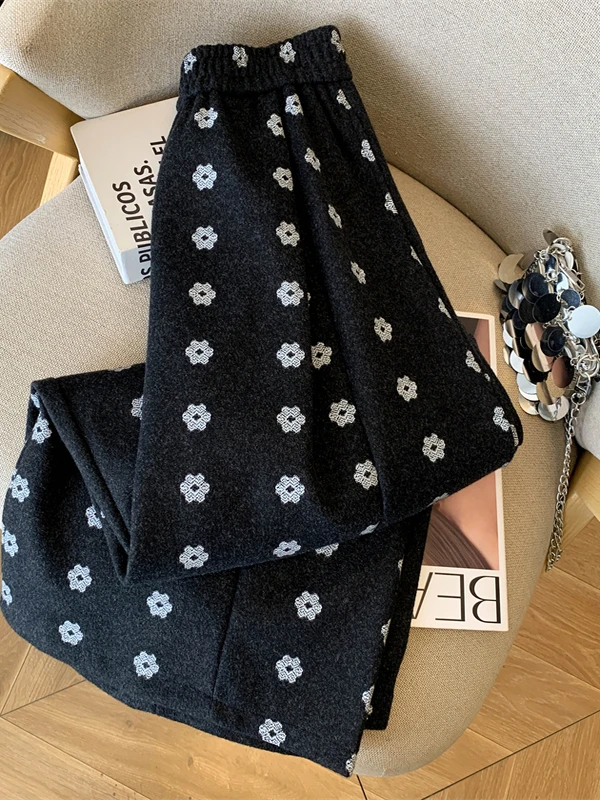 Thi pantalon à jambes larges femme hiver Faion taille haute pantalon à motifs floraux laine dix-huit pouces longue coupe droite