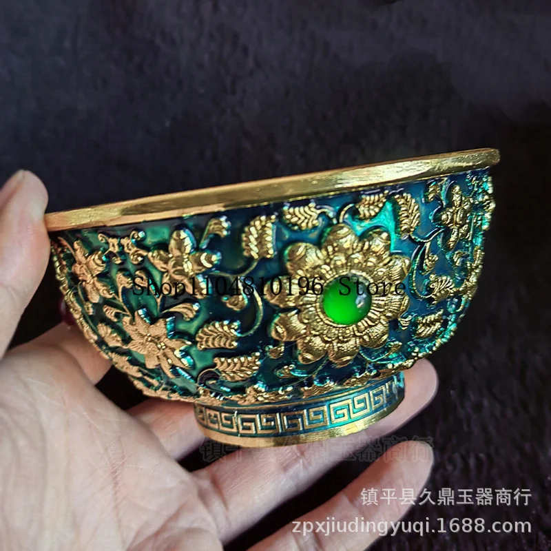 Antique-style, replica, relief-embossed, jade-inlaid, gold-plated, colorful copper bowl for home and office decoration; solid go