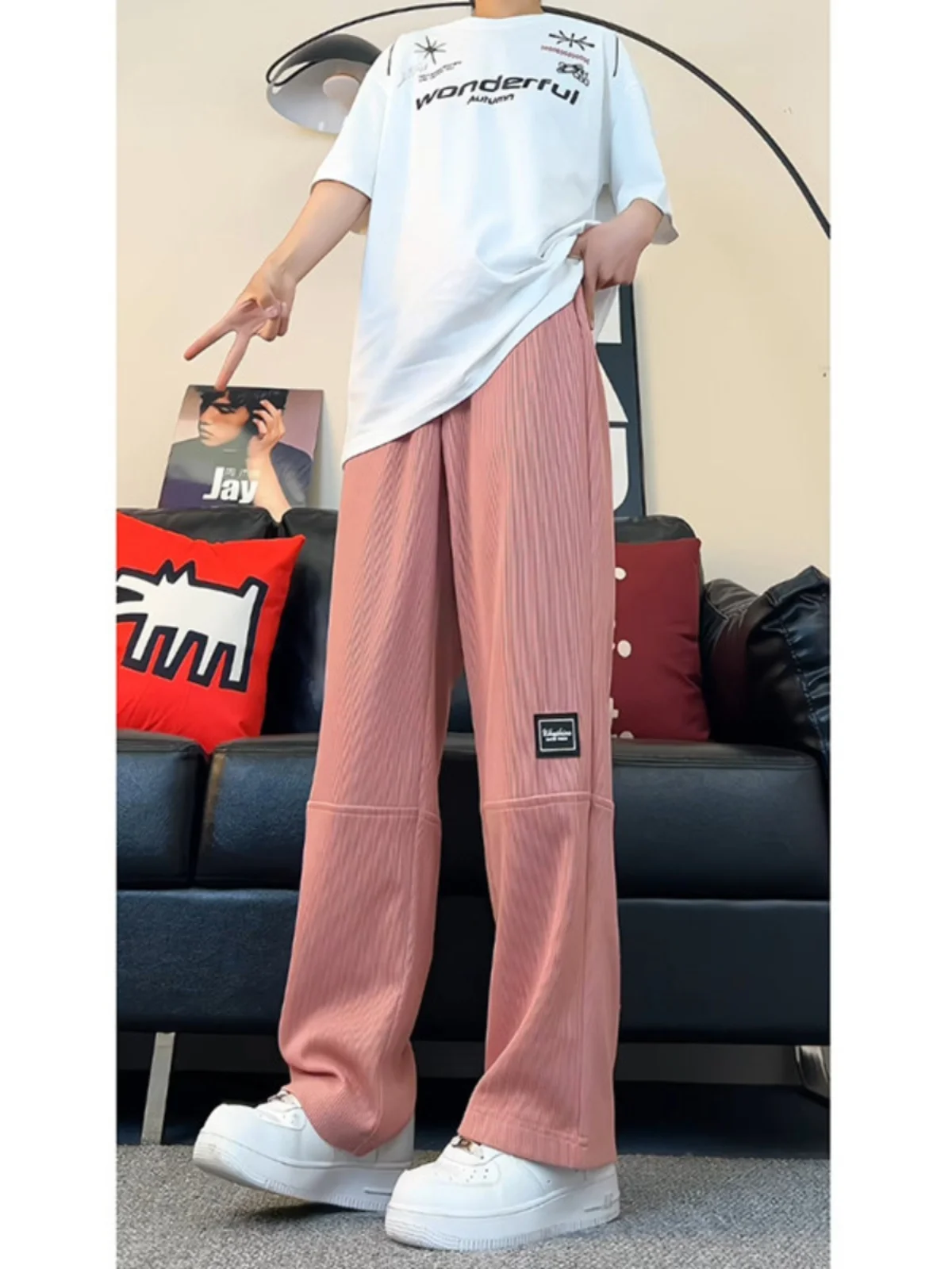 

Pink Ice Silk Men's Summer Thin Spor Casual Pants Drapey Lightweight Breathable Straight Leg mid Waist Length Trousers