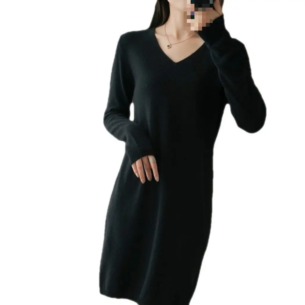 

Women's Mid-Length Knitted Sweater Dress V-Neck Warm Versatile Long-Sleeved Straight Bottoming Inner Layer