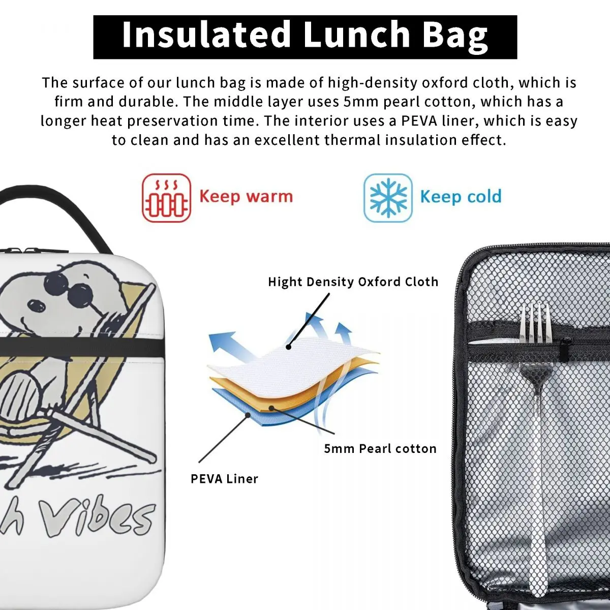 Saco térmico isolado para almoço Snoopy Beach Vibes   Recipiente de almoço dos desenhos animados tote lancheira homens mulheres faculdade viagem