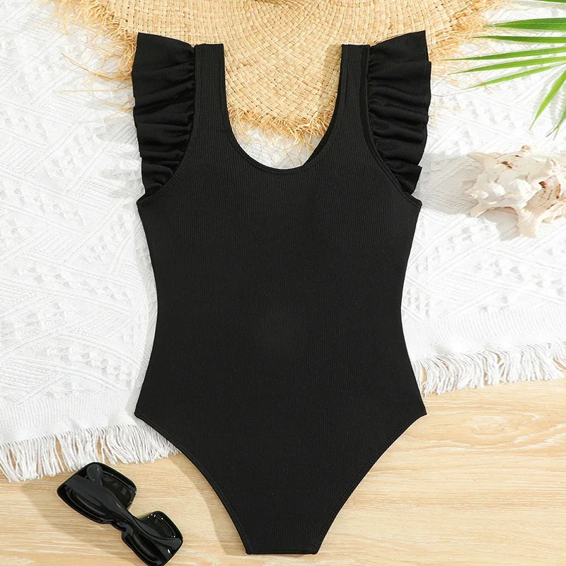Girls Summer One Piece Swimsuit Kids Ruffle Black Swimwear 2025 New Kids Fashion Sleeveless Holiday Bikini 8-12 Years Olds