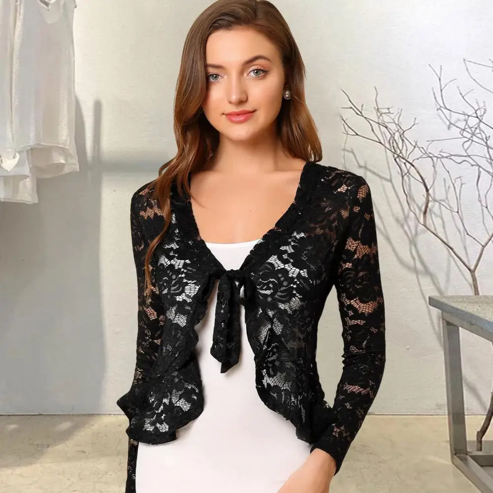 Lace Bolero For Women Tie Front Floral Lace Ruffle Coat Lady Cardigan Long Sleeve Cover Up Jacket Formal Office Sheer Crop Shrug