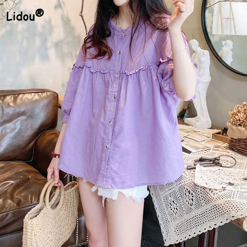 Korean Loose Women\'s Solid Color Half Sleeve Blouse Summer Female Clothing All-match Simplicity Single-breasted Spliced Shirt