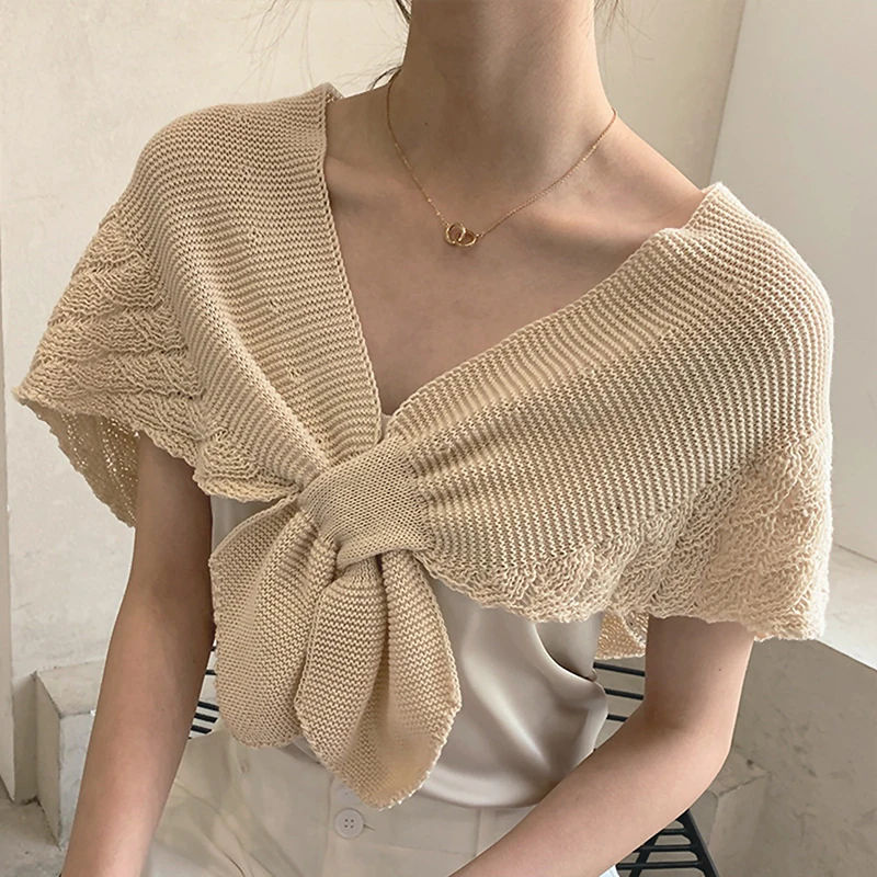 Fake Collars Shawl Women Female Blouse Shoulders Fake Collar Cape Knotted Knitted Scarf Solid Color Neck Guard Scarf