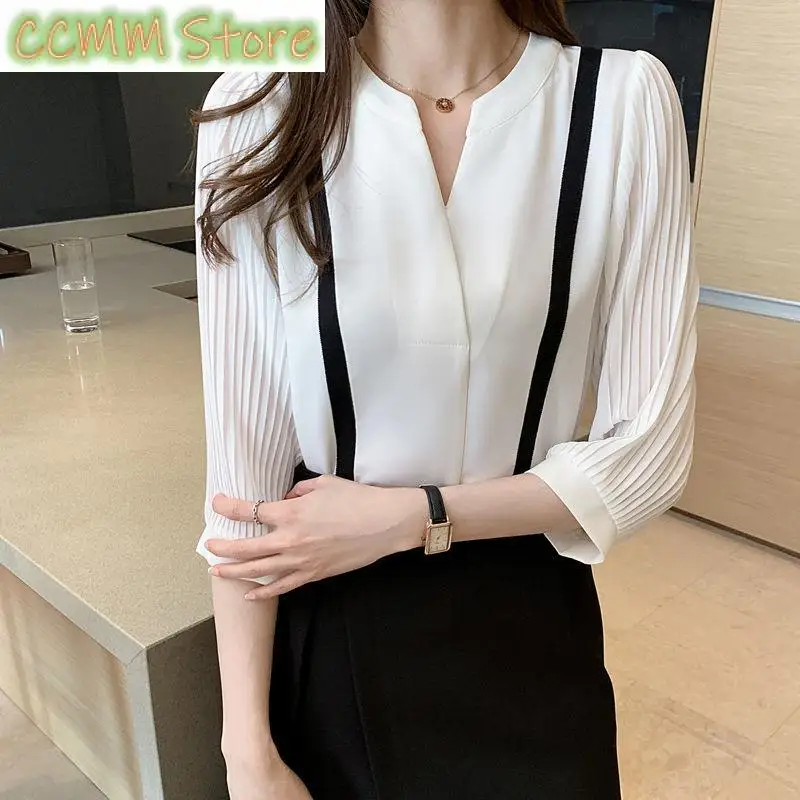 

Fashion V-Neck Spliced Oversized Folds Shirt Summer Autumn Casual Tops Loose Elegant Women's Clothing Office Lady Blouse