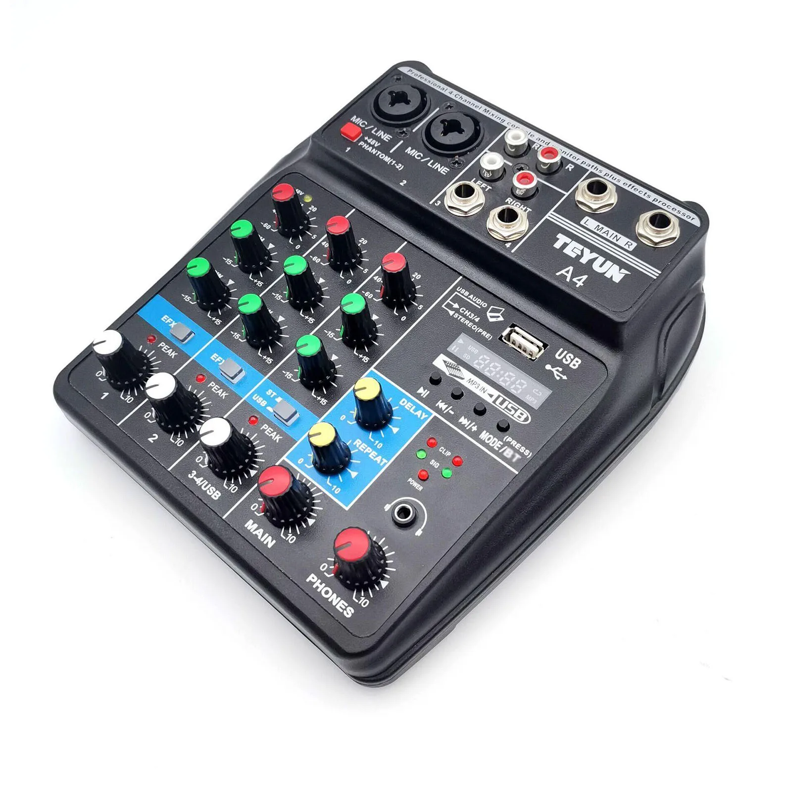 USB Audio Mixer A4 Sound Mixing Console Record Computer 48V Phantom Power Delay Repaeat Effect 4 Channels Bluetooth USB