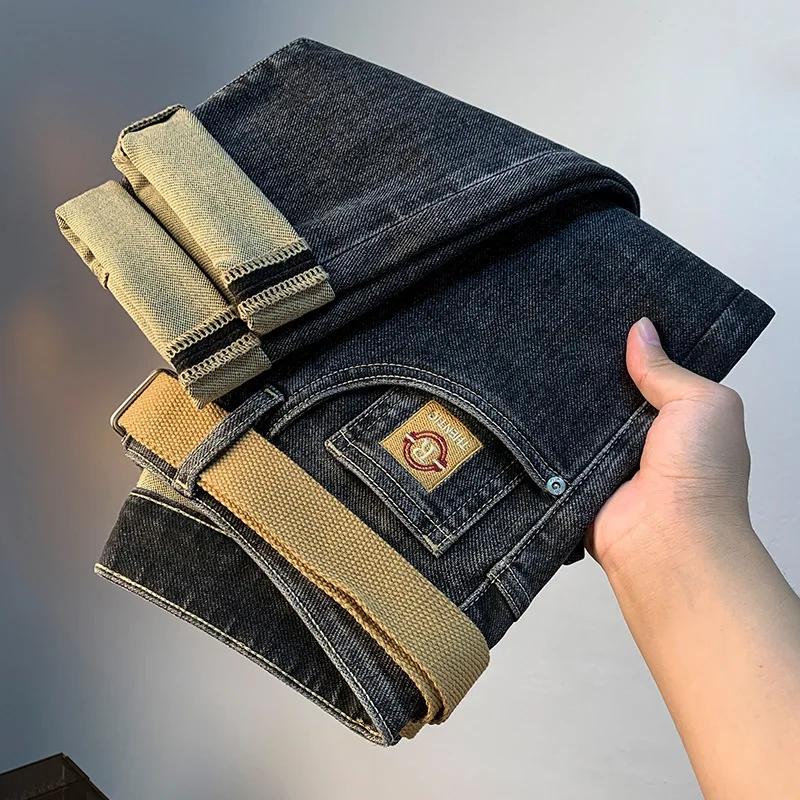 High-end jeans for men 2024 Autumn New elastic casual pencil pants denim black gray belt style skinny pants