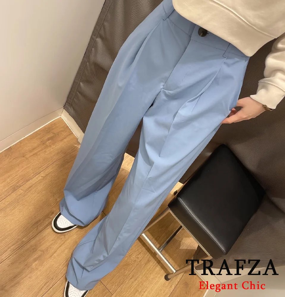 

TRAFZA-Women Fashion High Waist Trousers Front Pleats Solid Casual Pant New 2024 Spring Fall Stylish Classic Versatile Trousers