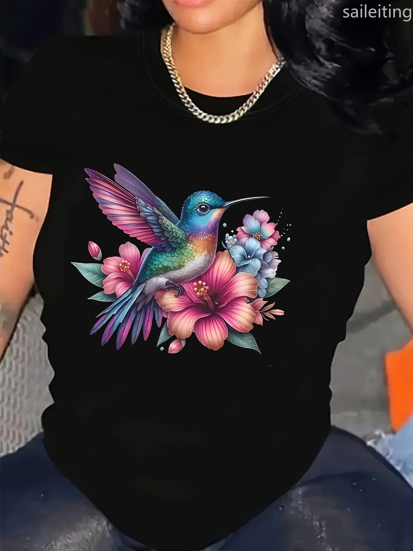 

Womens Casual Short Sleeve Crew Neck T-Shirt Vibrant Hummingbird Summer Short Sleeved Harajuku Streetwear Tops Tees
