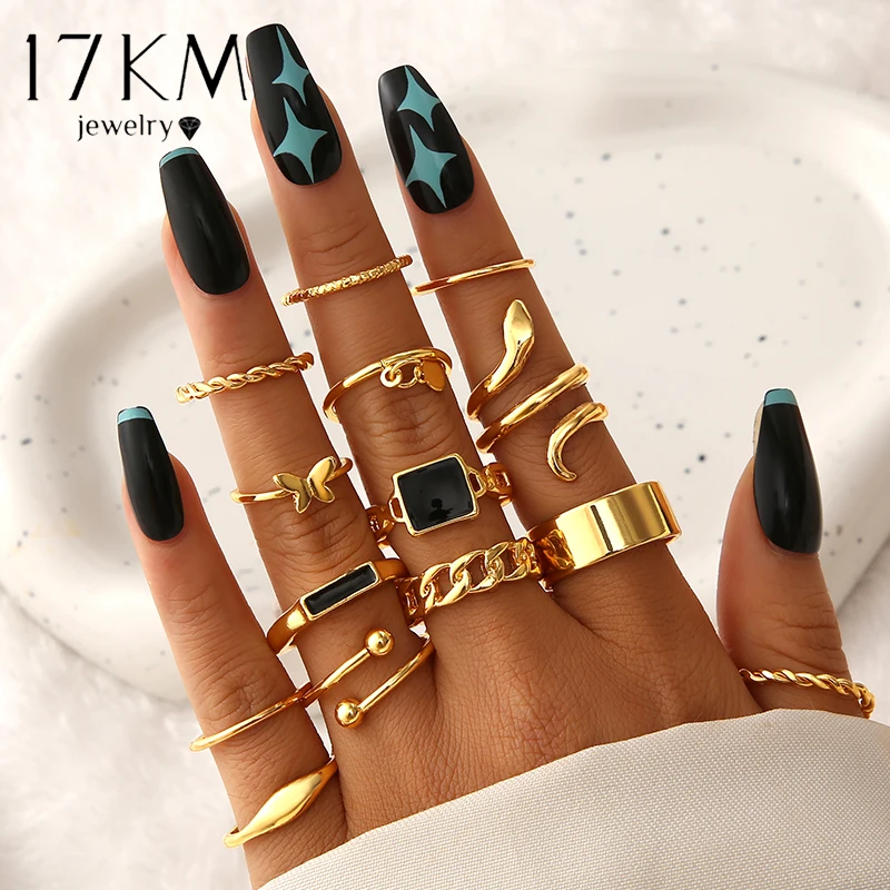 Fashion Vintage Gold Color Snake Ring For Women Female 2023 New Trendy Geometry Punk Black Heart Butterfly Rings Set  Jewelry