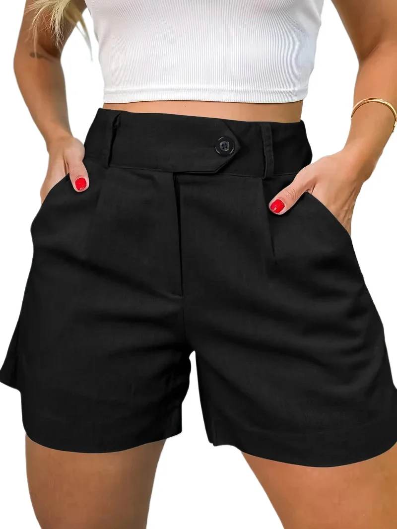 Women Black High Waist Button Fly Casual Summer Shorts Office Work Business Loose Straight Knee Length Bermuda Bottoms