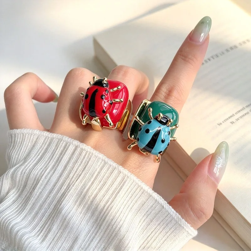 Color Enamel Ladybug Ring for Women, Cute Square Statement Ring, Fun Unique Index Finger Jewelry