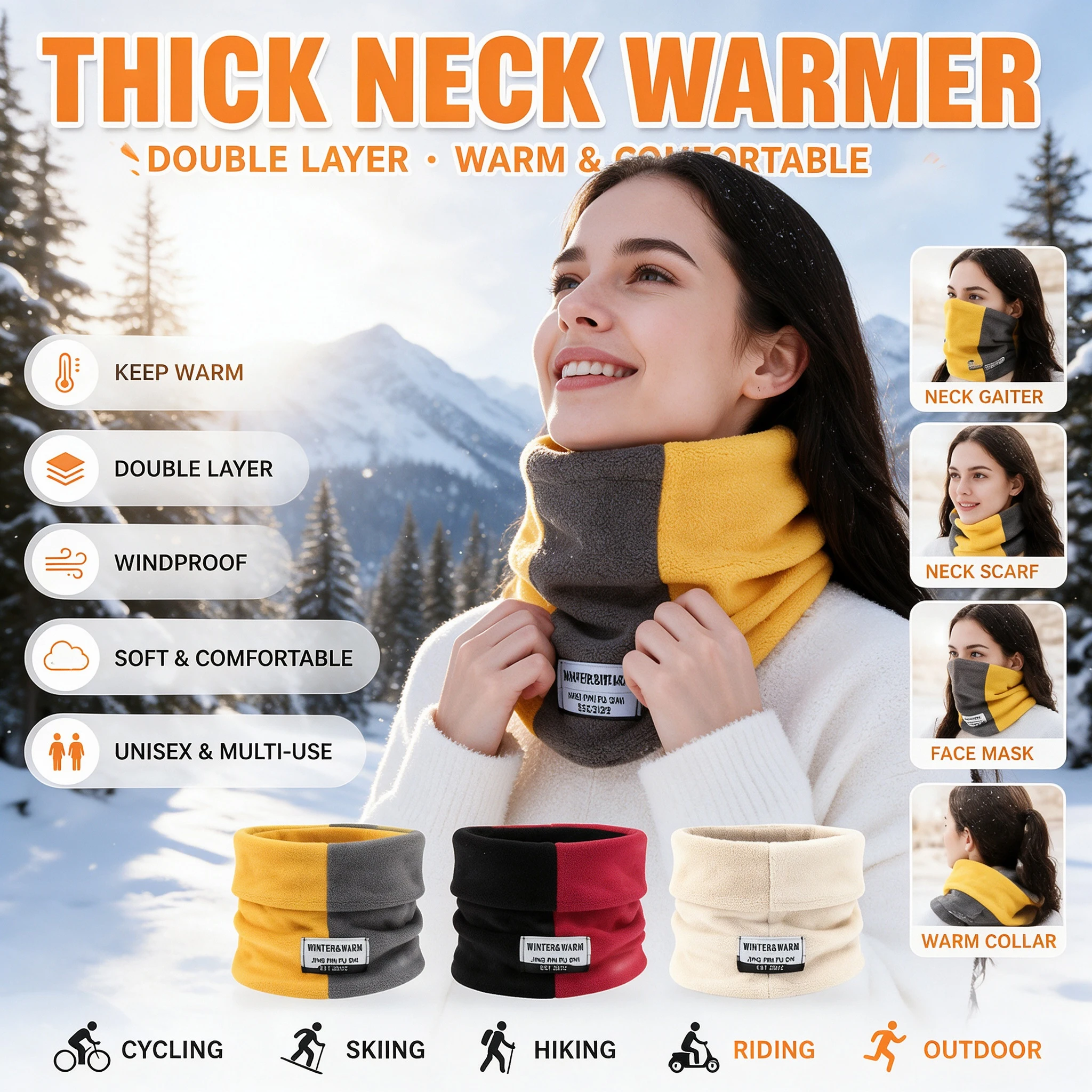 Thick Neck Warmer Unisex Gaiter Scarf Double Layer Winter Scarf Outdoor Riding Accessory All Season Protection