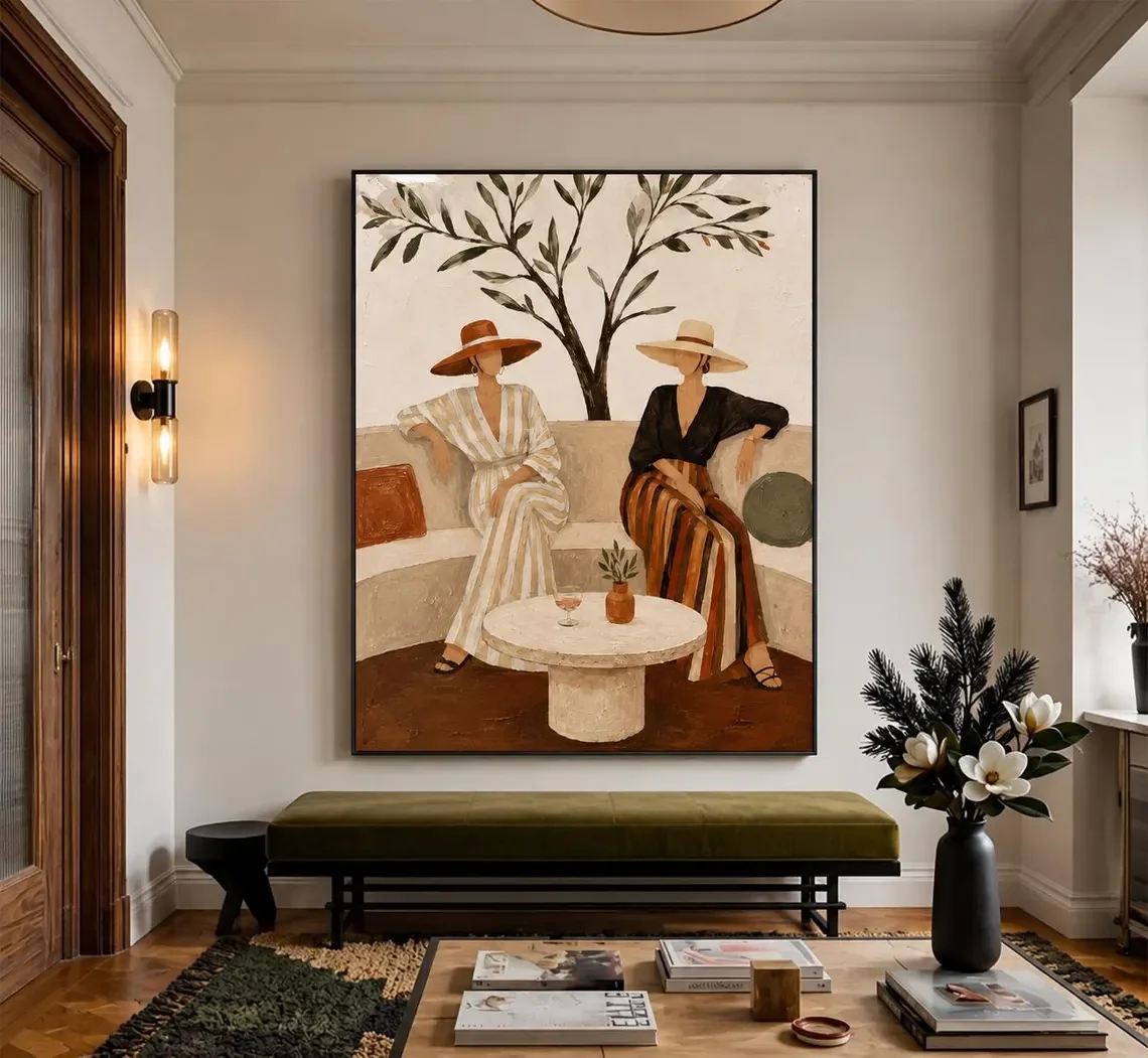 Two Women Figure Painting, Boho Mediterranean Patio Canvas, Striped Dress Oil Art