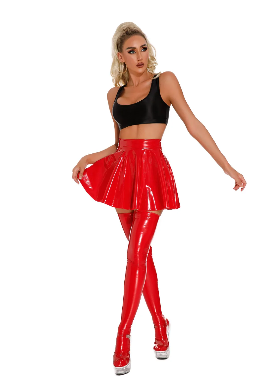 Hochgeschnittener, glänzender PVC-Rock im A-Linien-Schnitt mit Falten, glänzendes PU-Leder-Tutu, heißer, sexy Cosplay-Mikrorock, Jupe, Saias, Gonna – Detail 7