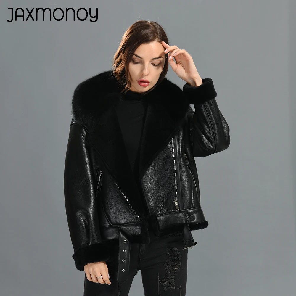 

Jaxmonoy Winter Real Shearling Coat Genuine Sheepskin Lamb Fur Double Face Jacket With Belt Ladies Real Fox Fur Collar Outerwear