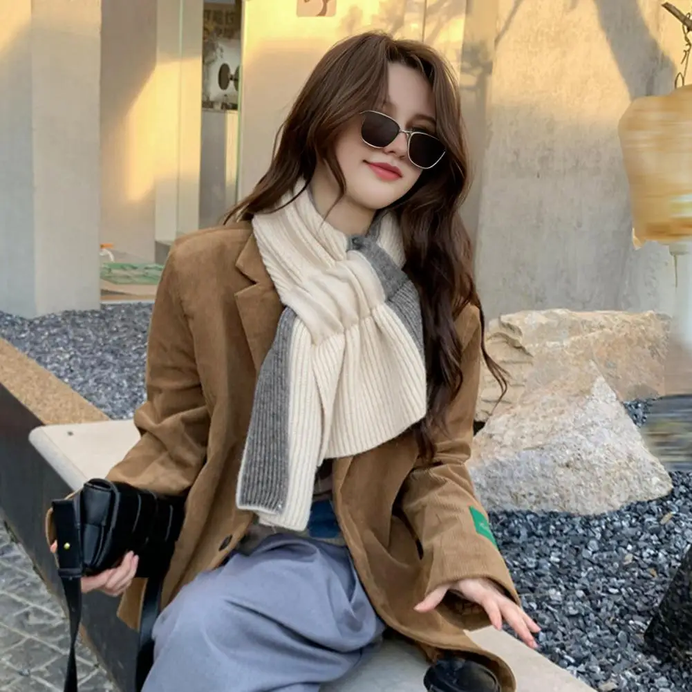 Japanese Style Short Knitted Scarf Women's Cross Neck Warmer Korean Version Color Block Versatile Winter Warm Neck Protection