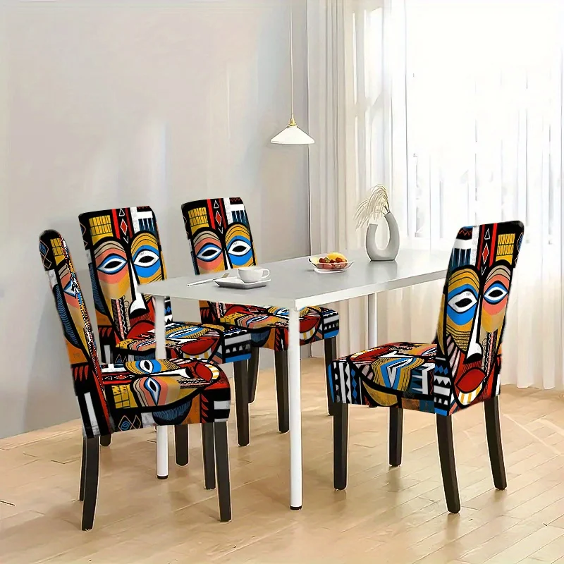 2/4/6pcs Vibrant African Tribal Mask Print Stretch Dining Chair Cover – Removable Washable Boho Ethnic Slipcover