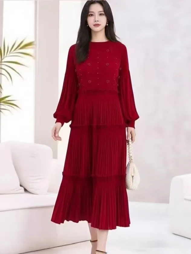 

Miyake Pleated 20026 New Spring and Fall Pleated High-grade Fashion Beaded Lantern Sleeve Casual Average Size Dresses Pleated