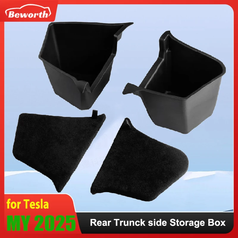 

For Tesla Model Y Juniper 2025 Launch Refresh Rear Trunk Side Storage Box Cargo Organizer TPE Bin Flocking Mat Partition Board