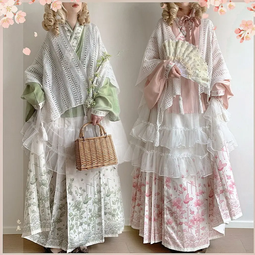 

The Combination Of Hanfu And Modern Clothing Lolita Han Elements Pink Green Set Horse-face Skirt Shawl Overskirt Elegance