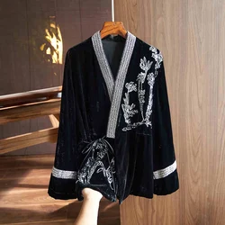 Superior Quality  Autumn Chinese Style V-neck Silk+Velvet Sequin Embroidered Top Women New Socialite Fashion Lace Up Jacket S-XL