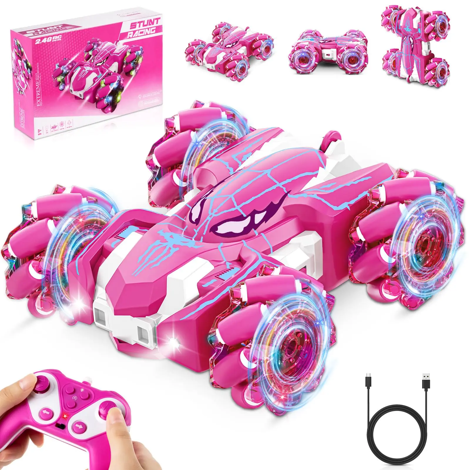 

Розовый светодиодный трюковый автомобиль с дистанционным управлением, 360° ° Вращение, двустороннее вождение, детская электрическая игрушечная машинка для многопользователей