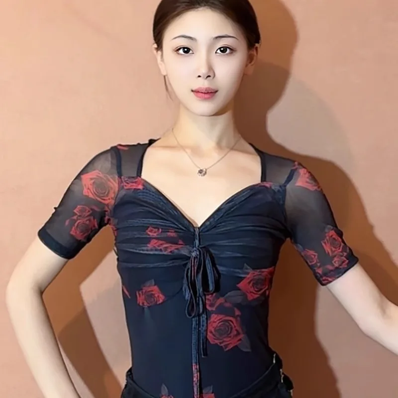 

Customized Latin Dance Costume for Female Adult Modern Ballroom Dance, Mesh V-neck Short Sleeved Jumpsuit Top