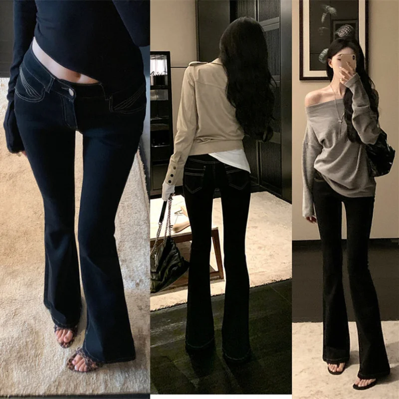 

Long-legged supermodel low-waist slim-fit denim pants for women, new spring style, black with contrast stitching, tight-fitting,