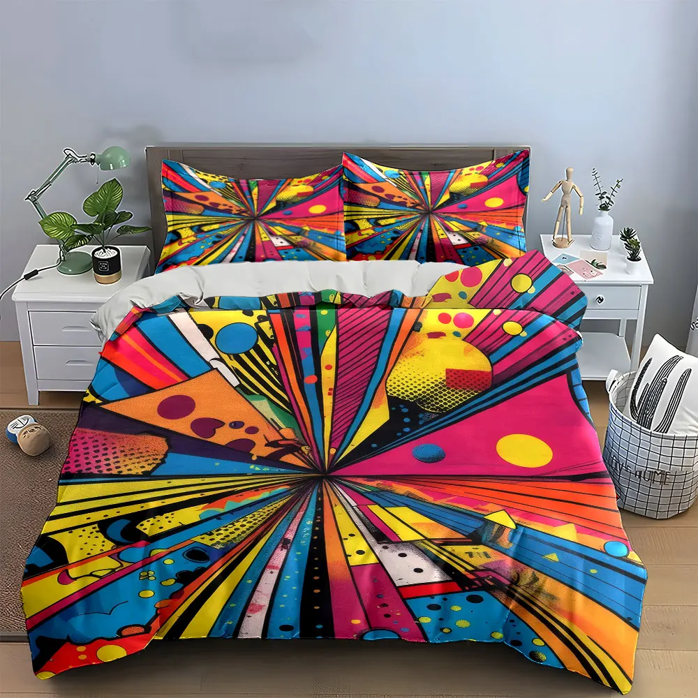 Buntes abstraktes Kunst-Trio-Set, Bettwäsche-Set mit 1 Bettbezug, 2 Kissenbezügen, Einzelbett, Doppelbett, King-Size-Bett, Queen-Size-Bett, Geschenk