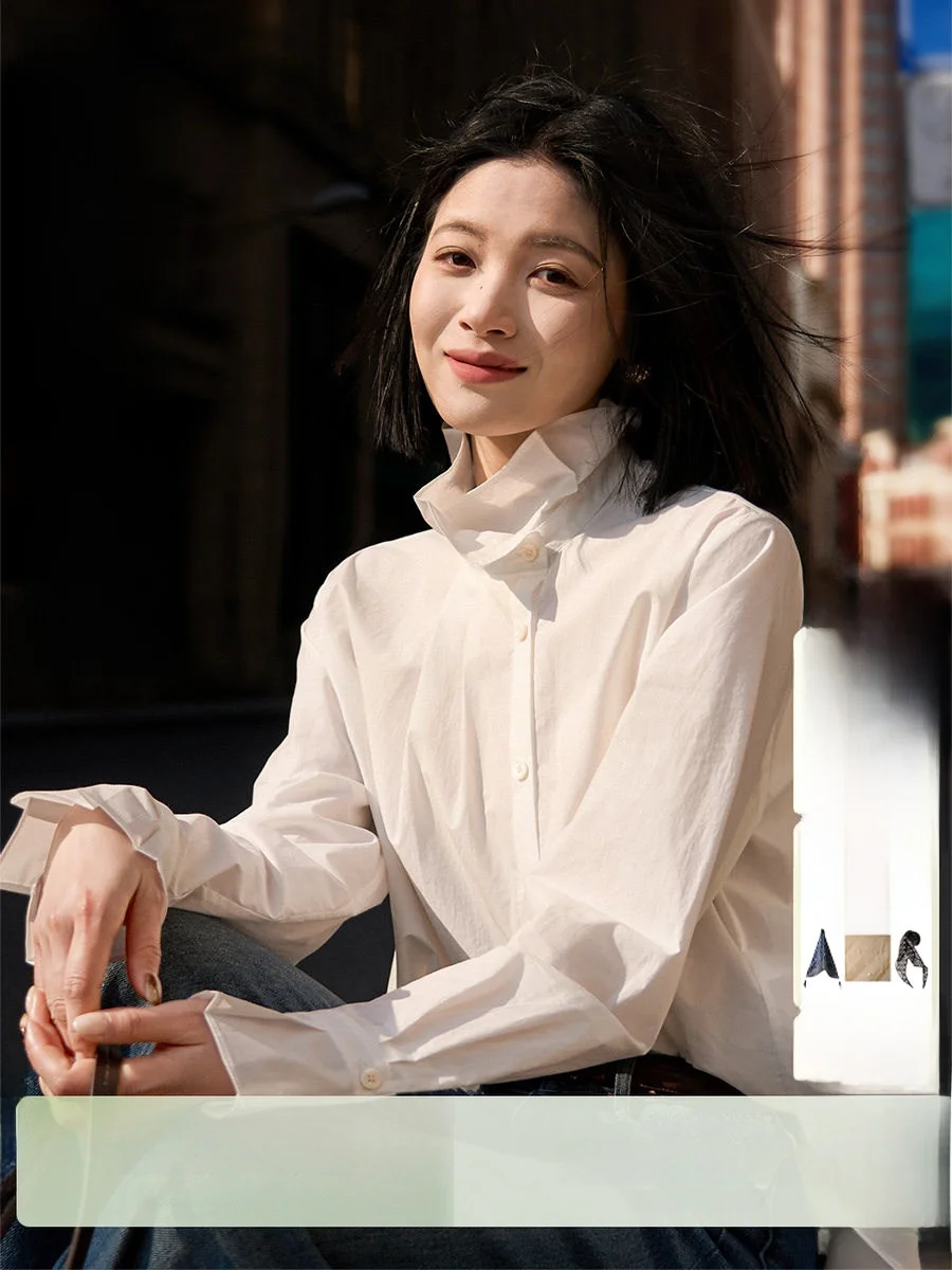 

Cannes Sea White irt Vintage Court Sle Cotton Commuting irt Women's New Sle Loose Fit Long Sve Button up