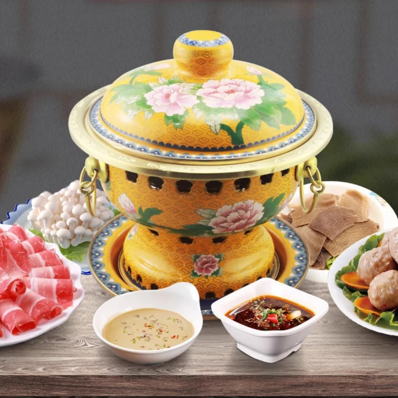 Olla caliente de cobre cloisonné, olla de cobre esmaltada, Buffet de olla caliente pequeña de Alcohol engrosado de cobre puro, plato de frotamiento de uso comercial en el hogar