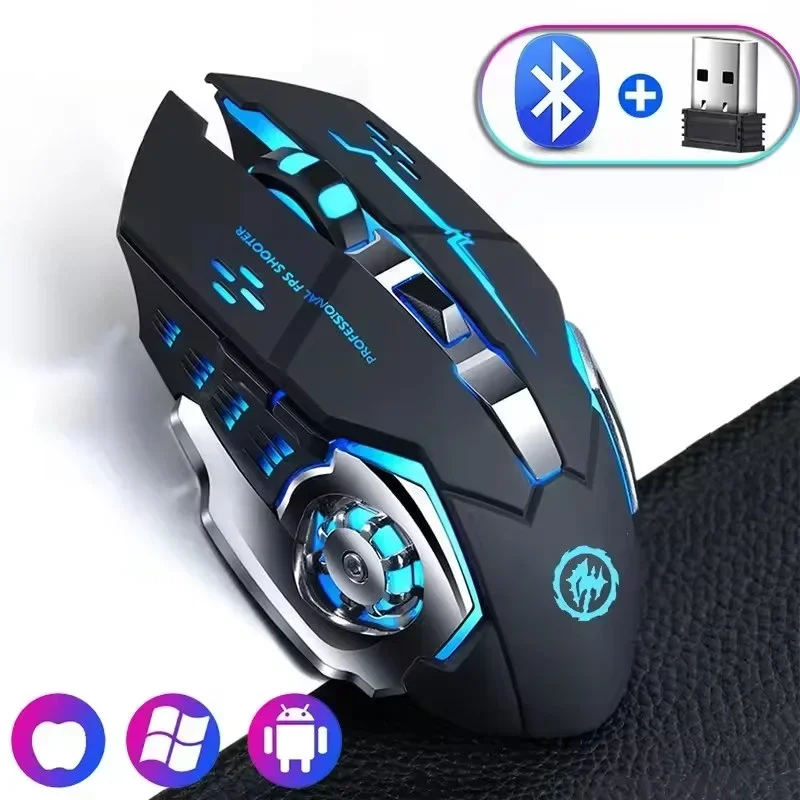 Mouse wireless ricaricabile per computer da gioco con mouse USB Bluetooth da 2,4 GHz per computer Mouse da gioco per PC con retroilluminazione meccanica E-Sport