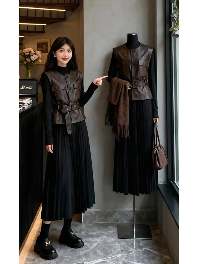 

Зимний модный комплект: женский кожаный жилет и черное платье, повседневный шикарный костюм-двойка с круглым вырезом, облегающий крой