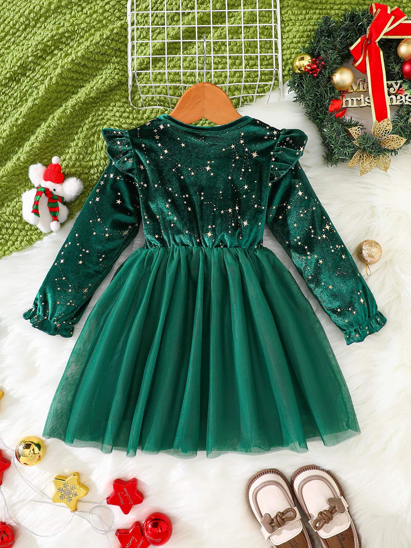 Mädchen Samt Langarm Prinzessinnenkleid Weihnachtssternmuster Herbst Winter Kinderkleidung Kindermode – Detail 6