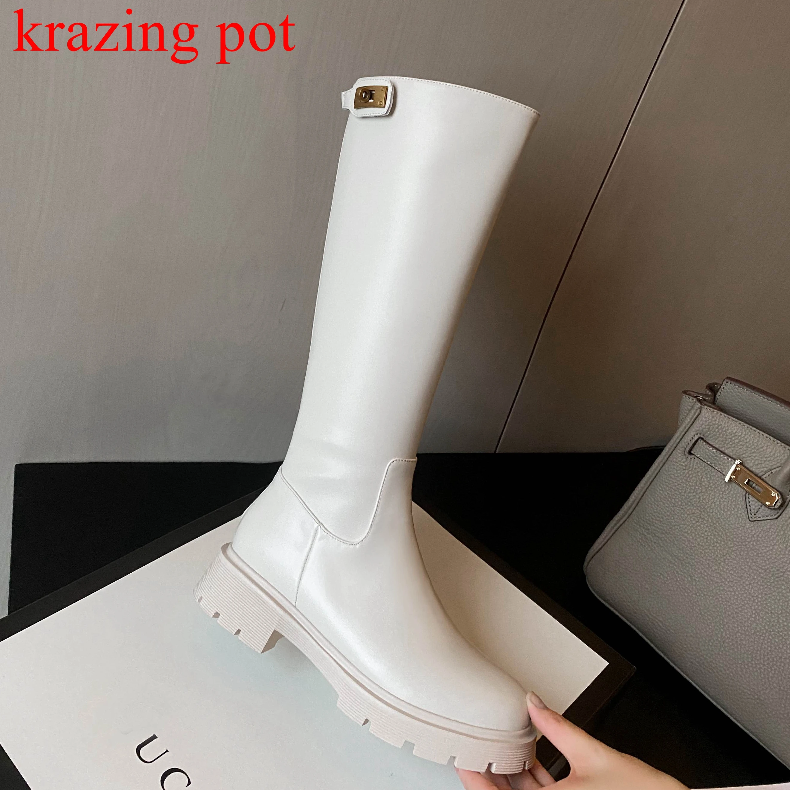 

Krazing Pot Cow Leather Metal Decoration Round Toe Riding Boots Plus Size 43 Keep Warm Med Heel Winter Platform Thigh High Boots