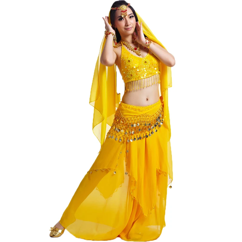 Indian Costume 2/3/5 PCS Set Bollywood Belly Dance Professional Arabic Dance Suit Veil Top Coins Hip Scarf Skirt Performance Set