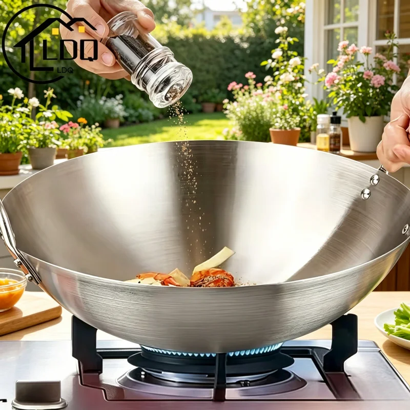 Wok Grande de Acero Inoxidable sin Recubrimiento, Sartén de Chef con Doble Asa, Duradera, Fácil de Limpiar, para Cocina Comercial y Doméstica