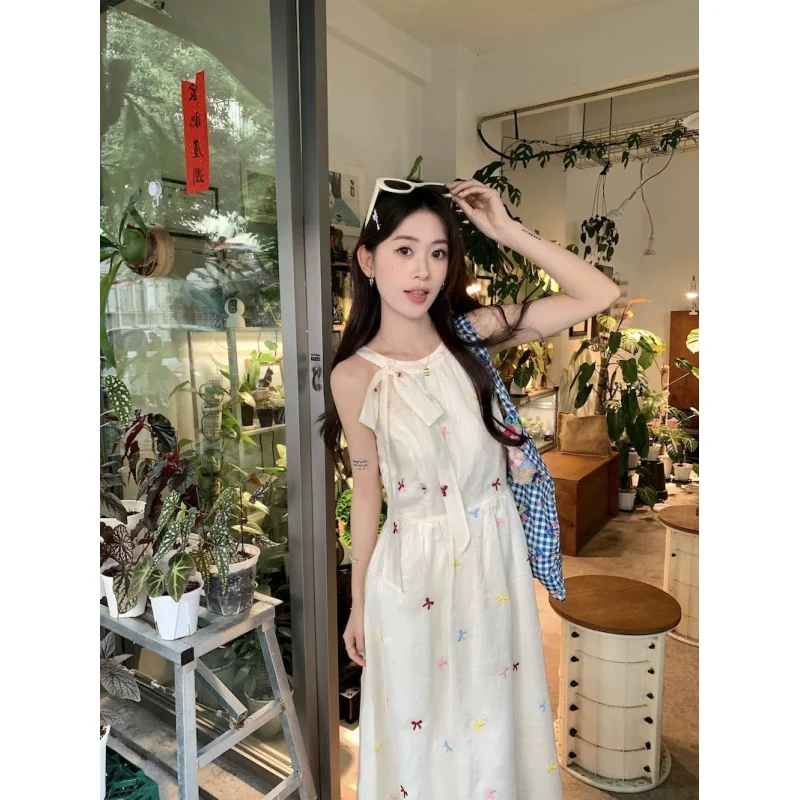 Bowknot Sweet Gentle Off-Shoulder Sleeveless Dress 2025 Summer New Waist-Slimming Elegant Versatile Long Dress