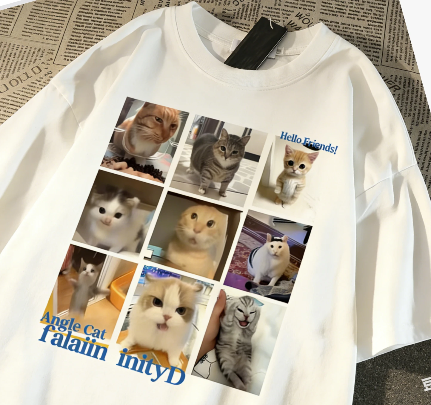 Couples Funny Meme Cat Collage Print Oversized T-Shirt Cute Viral Cat Graphic Crew Neck Tee | Kawaii Cat Lover Casual Streetwear