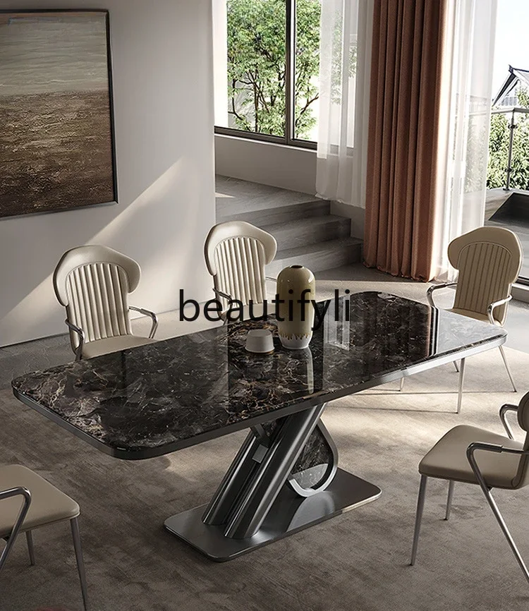 

Microcrystalline stone dining table marble Italian light luxury high-end living room rectangular black table