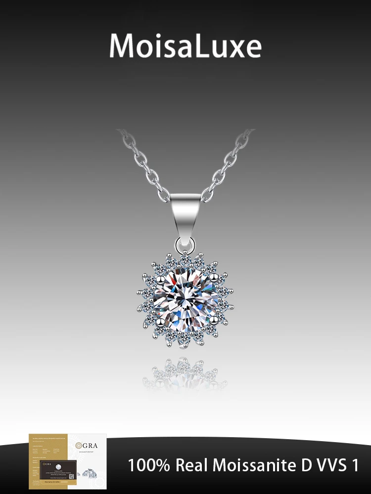 

MoisaLuxe Official Store Plata Sterling 925 Silver Female Sunflower Full Inlay Moissanite Pendant Necklace For Women Jewelry