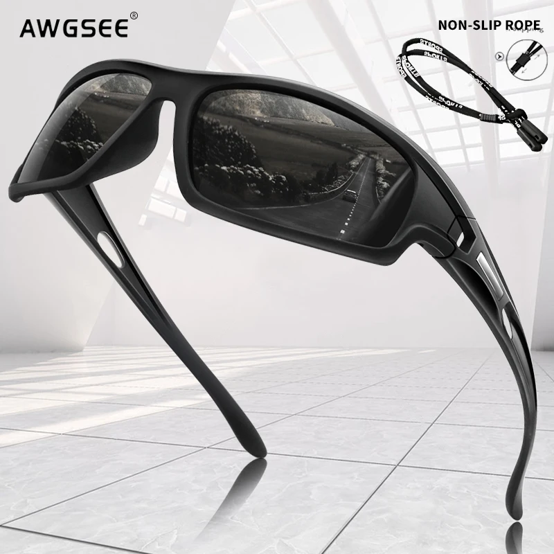 Polarized Sports Sunglasses for Men Women Unbreakable Frame Cycling Fishing Driving Eyewear 100% UV Protection With Glasses Rope