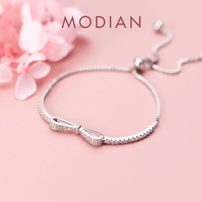 Modian Authentic 925 Sterling Silver Radiant Clear CZ Bowknot Slim Bracelet for Women Adjustable Box Chain Fashion Fine Jewelry