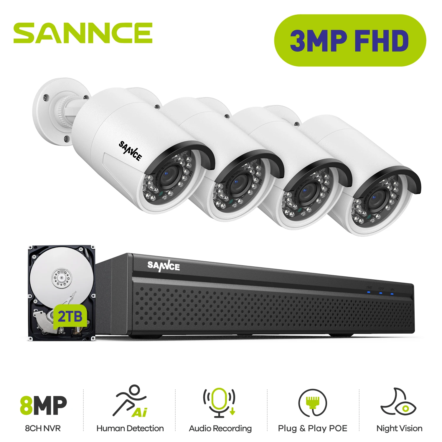 

SANNCE 3MP HD Cameras Kits Outdoor Waterproof IR Night Vision Build-in Mic H.265+ Video Surveillance Security Camera CCTV System