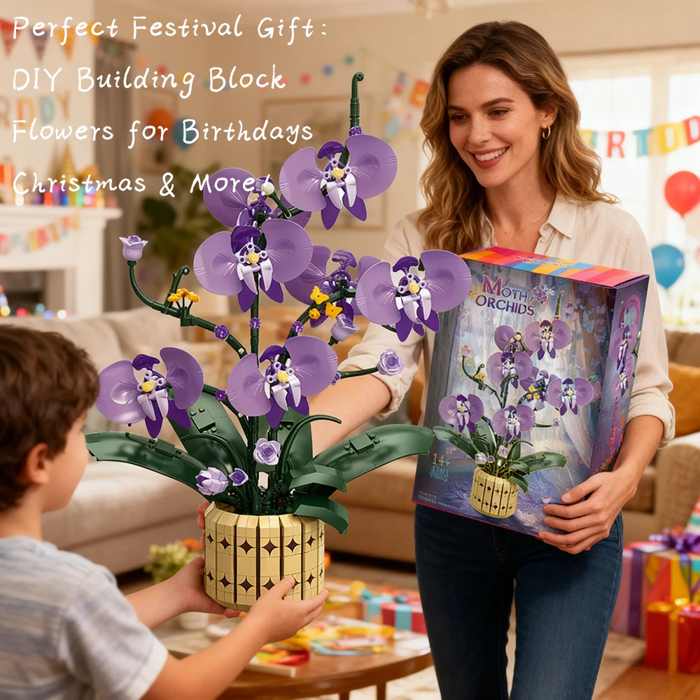 

DIY 832 PCS Moth Orchid Flower Building Blocks Kids Adults Preserved Flower Vase Bricks Romantic Holiday Decoration Toys Gifts